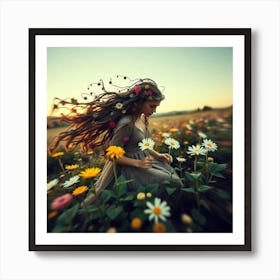 Girl In A Field Of Flowers Art Print