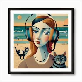 Woman With Headphones And Cats Art Print