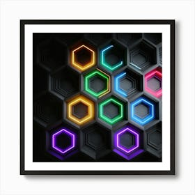 Hexagonal shapes with neon lights, futuristic, cyberpunk, background Art Print