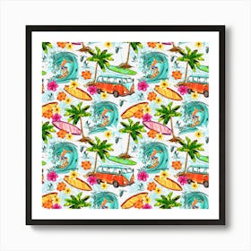 Surfing Pattern Palm Trees Seamless Art Print