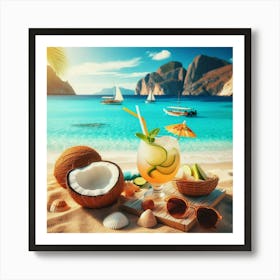 Tropical Beach With Coconut Drink Art Print