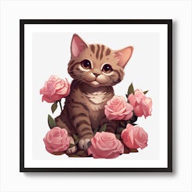 Cat With Roses 2 Art Print