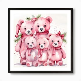 Christmas Pink Bear Family Watercolour Art Print