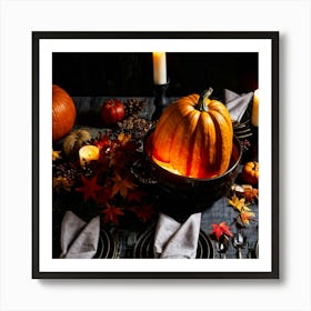 Autumnal Table Setting Cradling A Half Carved Roasted Pumpkin Candlelight Flickering Within Casting (3) Art Print