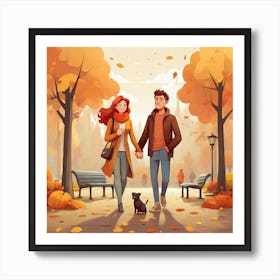 Autumn Couple Walking In The Park Art Print