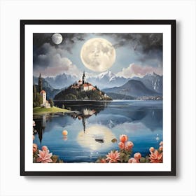 Full Moon Over Lake Bled Art Print