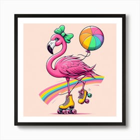 Flamingo with roller skates Art Print