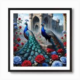 Peacocks And Roses Art Print