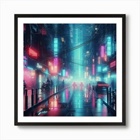 Dark city streets with neon lights Art Print