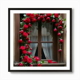 Red roses hanging in window Art Print