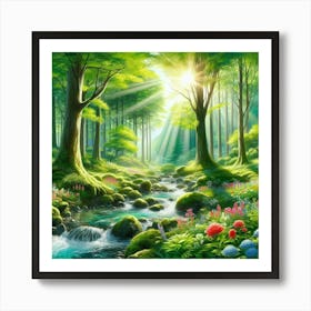 Forest lake with flowers Art Print