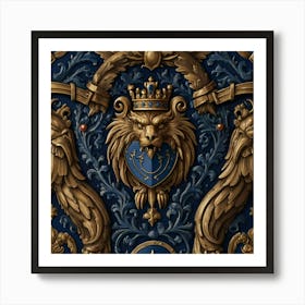 A mesmerizing coat of arms, featuring a striking eye at its center, is primarily adorned in the regal color of midnight blue. Two majestic griffins stand proudly on either side, with crossed weapons beneath them, all against a background shield. This detailed image, reminiscent of a medieval painting, exudes a sense of power and mystery. The craftsmanship is impeccable, with intricate details that command attention. The rich hues and intricate design make it a truly captivating and commanding piece of art. Art Print