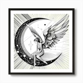 Angel on Moon - Abstract Line Art Illustration 244 Art Print