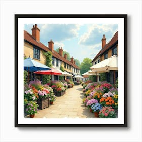 A Vibrant Flower Market In A Charming English Town, Watercolor Style 1 Art Print