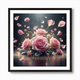 Pink Roses On Black Background Art Print