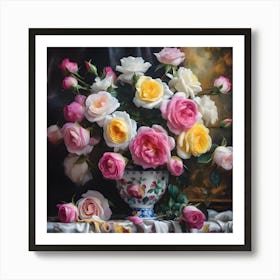 Pink and Yellow Damask Roses in China Vase Art Print