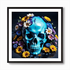 Blue Skull With Flowers Art Print