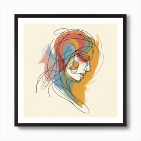 A Pensive Human Head - Creative Color Line Drawing Art Print