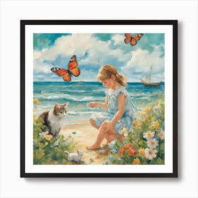 Little Girl With Cat And Butterflies Art Print