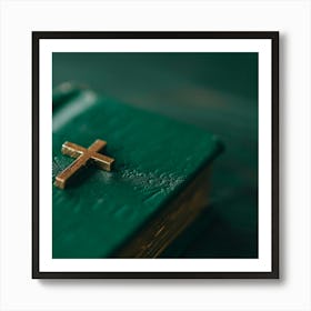 Gold Cross On A Green Bible Art Print