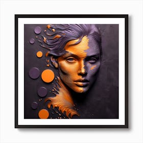 An Abstract Woman's Face in Deep Purple and Orange Colors - Embossed Artwork In Metal Art Print