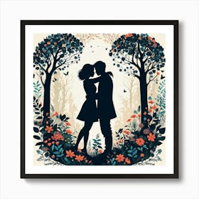 Couple Kissing In The Forest, Silhouettes Of Two People Hugging Surrounded By Elements Of Nature Flowers Trees Growing , Silhouette Of Couple In The Forest Art Print