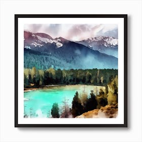 Watercolor Of A Mountain Lake, Banff National Park 2 Art Print