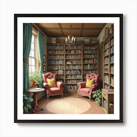 A Quaint English Village Library With Cozy Reading Corners, Watercolor Style 1 Art Print