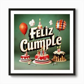 Feliz cumple and Feliz cumpleaños sign means Happy Birthday in Spanish language, Birthday party celebration gift with birthday cake candle colorful balloons best congratulation over light background wall artFeliz Cumple 55 Art Print