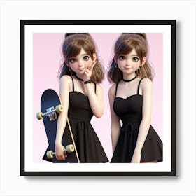 Two Girls With Skateboards Art Print