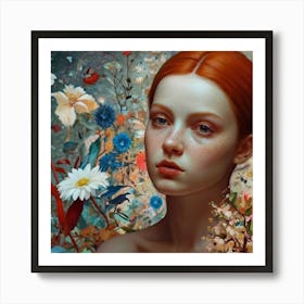 Girl With Red Hair And Flowers Art Print