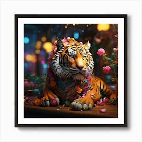 Tiger With Flowers Art Print