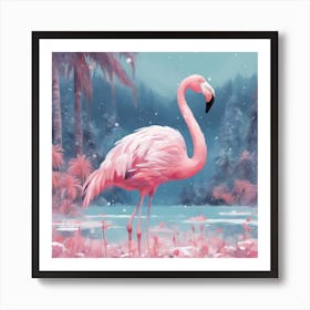 Digital Oil, Flamingo Wearing A Winter Coat, Whimsical And Imaginative, Soft Snowfall, Pastel Pinks, (2) Art Print