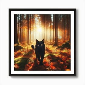 Ai Black Cat Autumn Tree Forest 1 Art Print