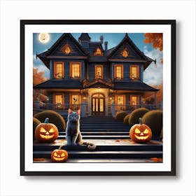 Halloween House With Cat And Pumpkins 2 Art Print