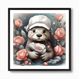 Otter With Roses Art Print