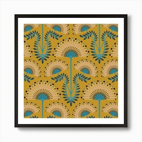 MIMOSA Art Deco Vintage Floral Botanical Damask in Blue Pale Pink and Black on Mustard Yellow Art Print