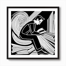 Reading A Book Linocut Black And White Painting, 322 Art Print