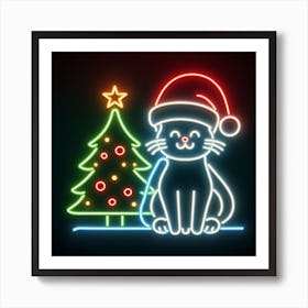 Neon Cat With Christmas Tree 1 Art Print
