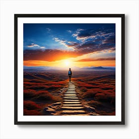 Man Walking On A Path At Sunset Art Print