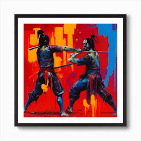 Style Samurai Fighting One Another Bloodied And Bruised Art Print