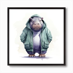 Watercolour Cartoon Hippopotamus In A Hoodie 2 Art Print