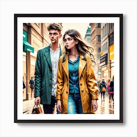 Man And Woman Walking Down The Street Art Print