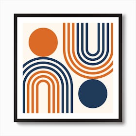 Mid Century Modern Geometric in classy navy blue burnt orange (Rainbow and Sun Abstract Design) 3 Art Print