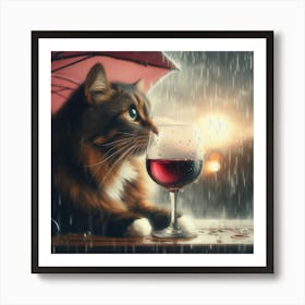 Cat Drinking Wine In The Rain 3 Art Print