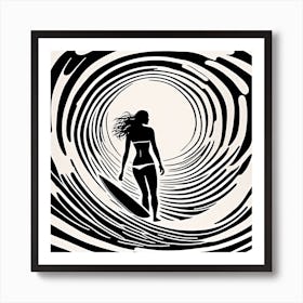 Linocut Black And White Surfer Girl On A Wave art, surfing art Art Print