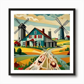 Old Farmhouse With Wind Mills Cubism Style Art Print