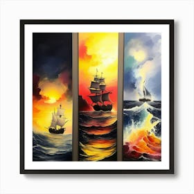 hree different vertical panels, ocean sea ⛵ ships 3 Art Print