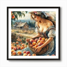 Beautiful And Alluring Blonde In Low Cut Dress With Peaches 5 Watercolor Art Print