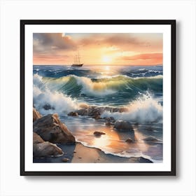 Sea Sunset Watercolor Art Print